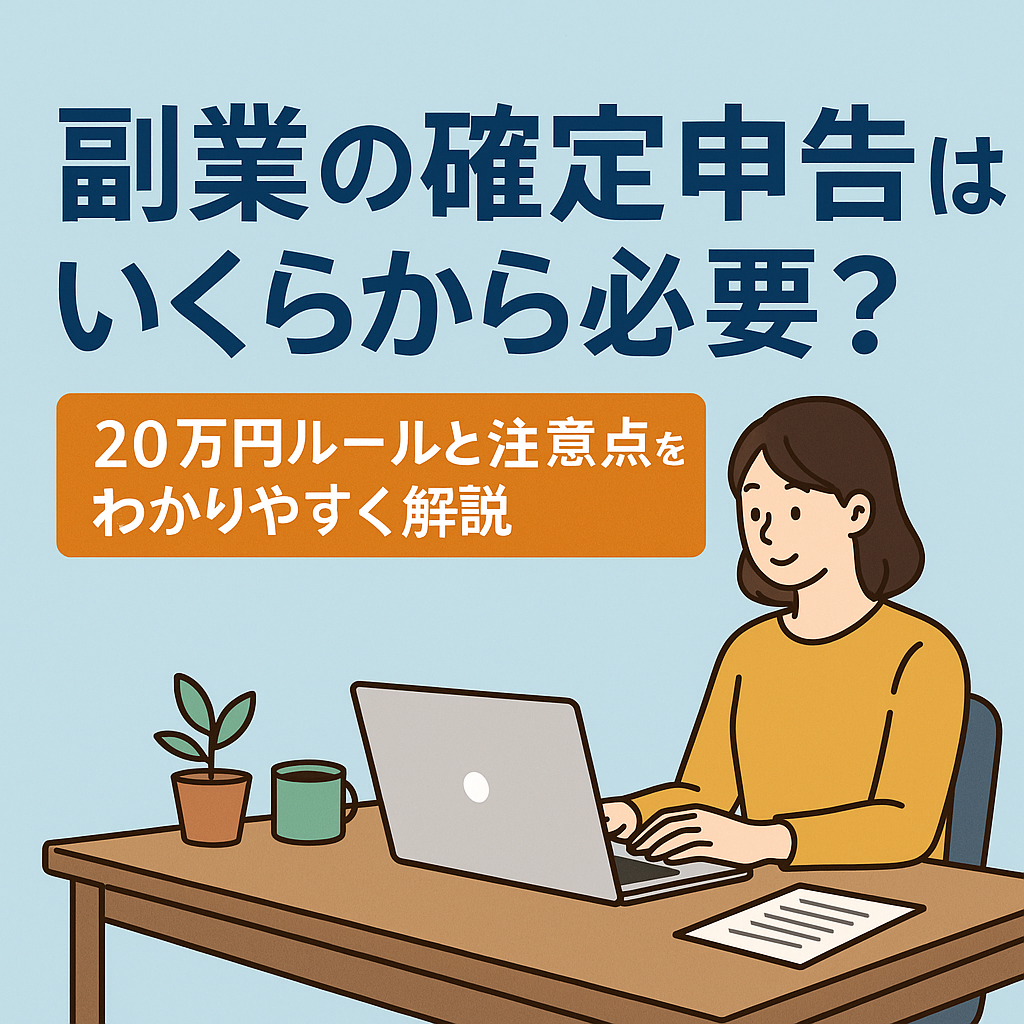 副業の確定申告がいくらから必要かを解説する記事のアイキャッチ画像。淡いブルー背景にパソコン作業をする女性のイラストと「20万円ルールと注意点をわかりやすく解説」のテキスト入り。