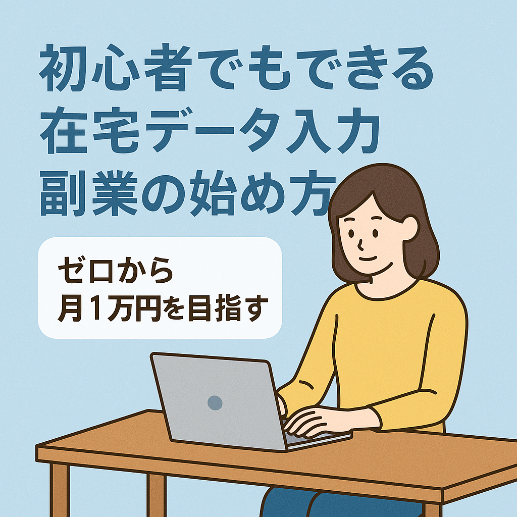 初心者でもできる在宅データ入力副業の始め方を紹介する記事のアイキャッチ画像。淡いブルー背景にパソコン作業をする女性のイラストと「ゼロから月1万円を目指す」のテキスト入り。