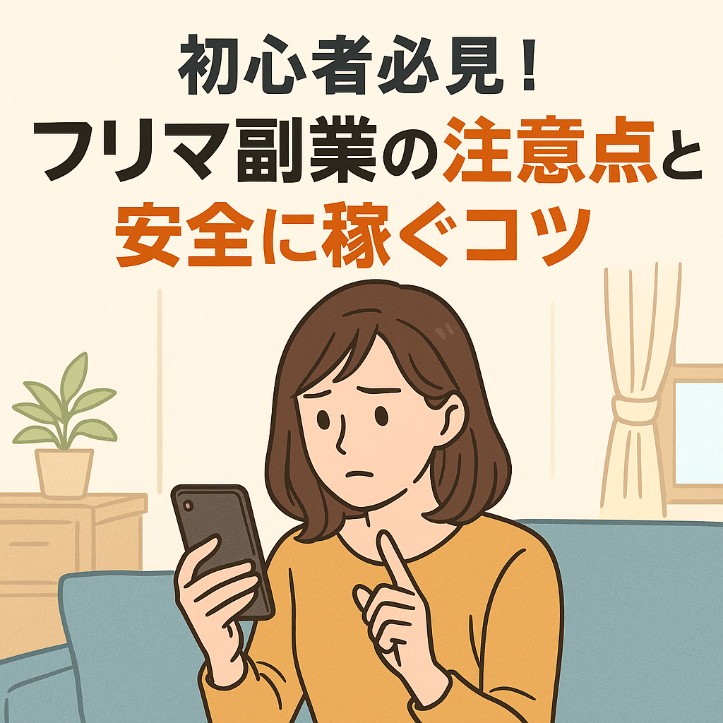 フリマ副業の注意点をスマホで確認する初心者女性のイメージ