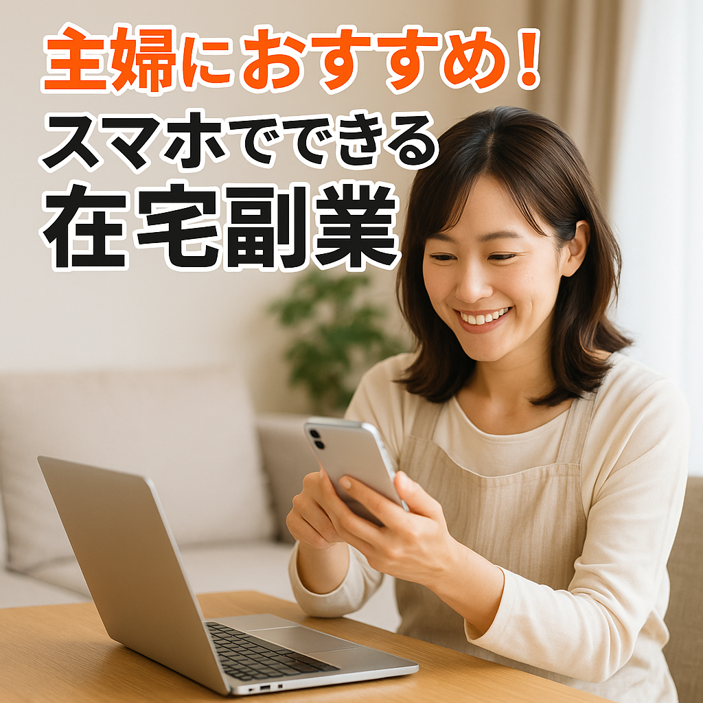 在宅でスマホ副業に取り組む笑顔の主婦