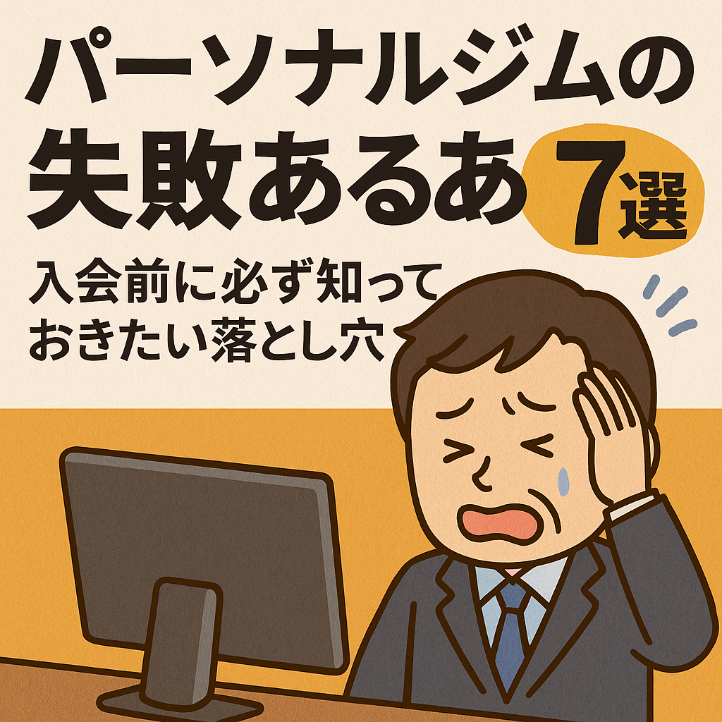 パーソナルジムで失敗しがちな7つの落とし穴を紹介する日本語タイトル付きイラスト。頭を抱える男性と注意喚起のテキストが描かれた解説系画像。