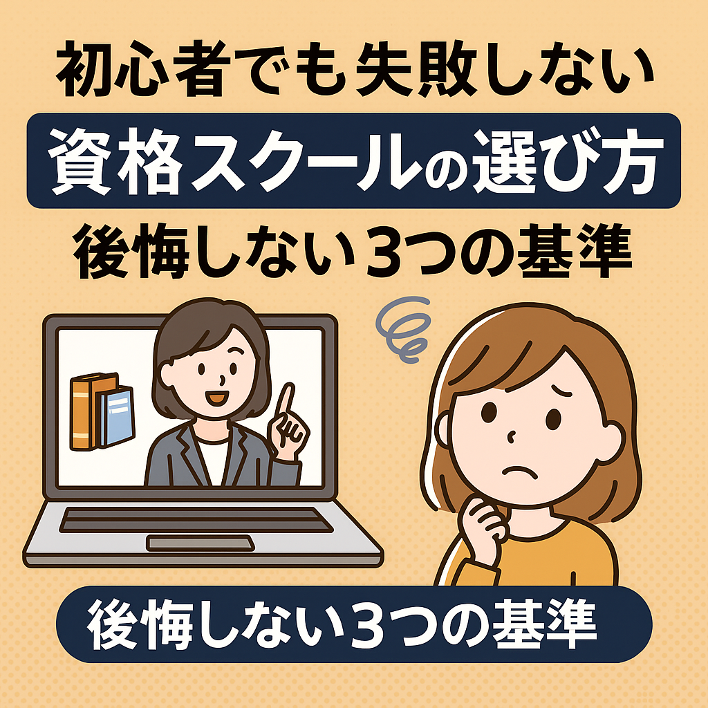 初心者が資格スクール選びに悩む様子を描いた日本語タイトル入りのイラスト。オンライン講師が映るノートパソコンと、困った表情の女性が描かれている。