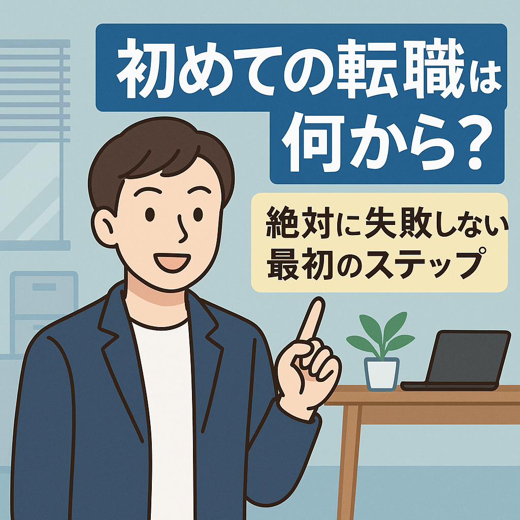 初めての転職で「何から始めればいいか」悩む初心者向けに、男性講師が指を立ててポイントを説明する様子を描いた日本語タイトル入りイラスト。