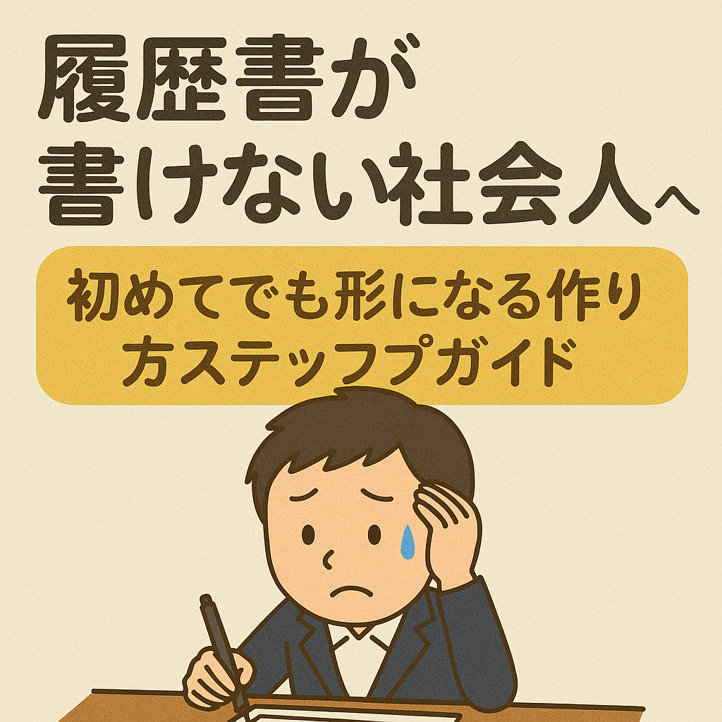 履歴書が書けずに悩む社会人男性がデスクで頭を抱えながら履歴書を書こうとしている様子を描いた