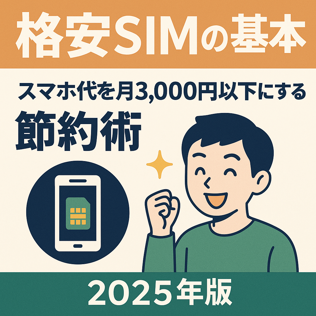 格安SIMでスマホ代を節約する方法を解説する記事のために作られた、スマホ・SIMカード・料金比較のアイコンで構成されたアイキャッチ画像