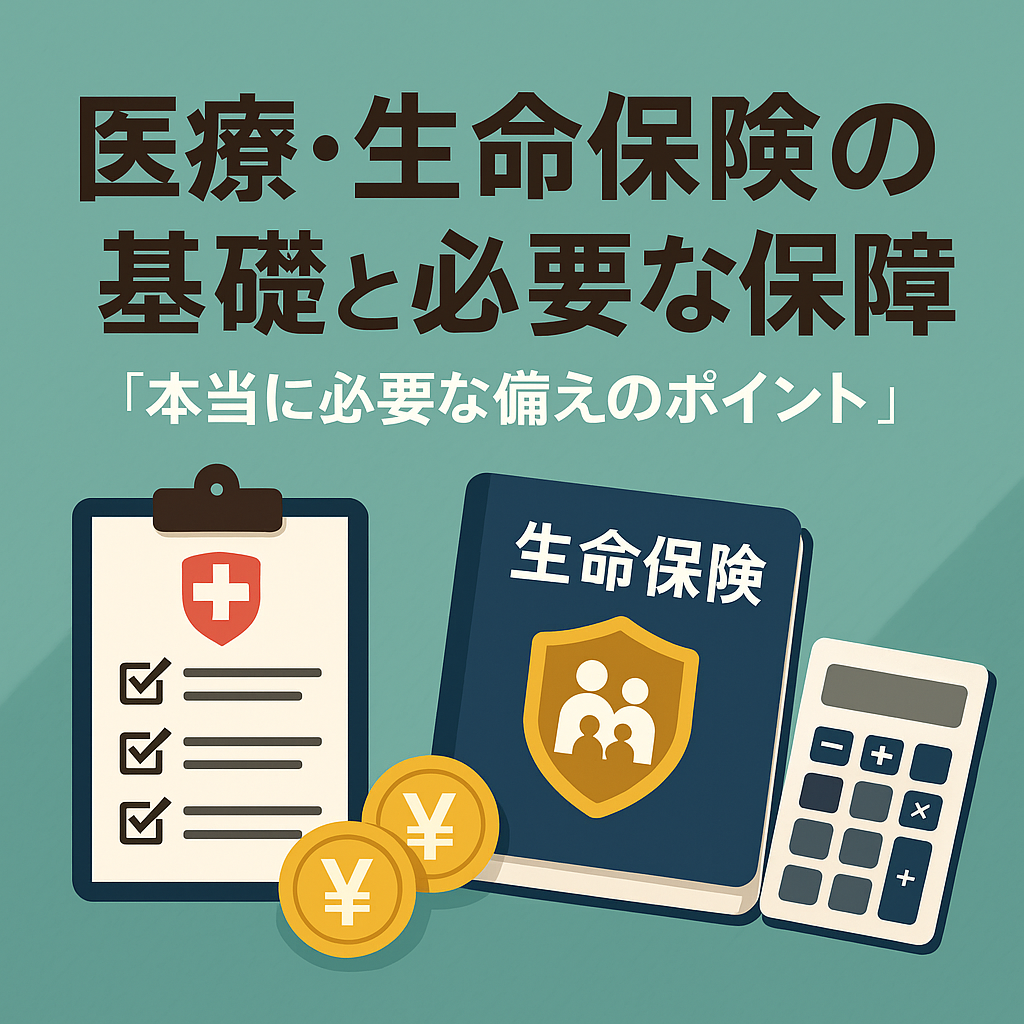 医療保険と生命保険の基礎知識を解説する記事用アイキャッチ画像。心臓のイラスト、家族アイコン、保険証券を組み合わせたヘルスケア風デザイン。