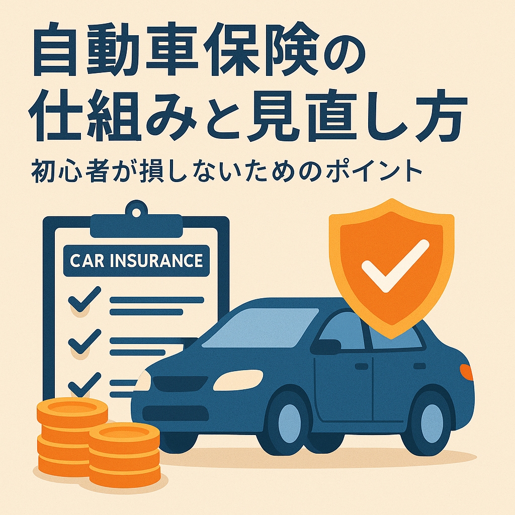 自動車保険の仕組みと見直しポイントを解説する記事用アイキャッチ画像。車のイラスト、保険証券、チェックリストを組み合わせた保険比較イメージ。
