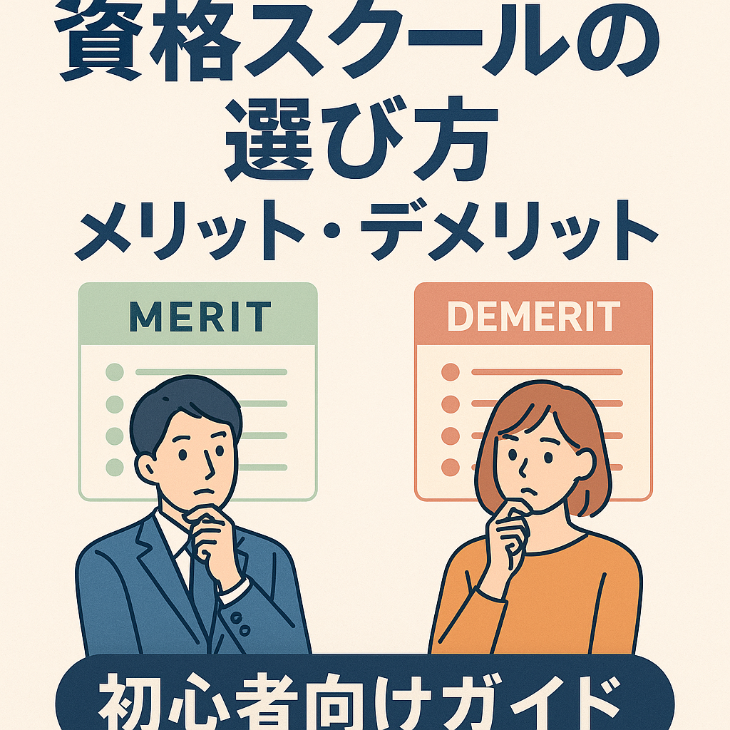 資格スクールのメリット・デメリットと選び方を解説する記事用アイキャッチ画像。教材・講師・オンライン学習アイコンを組み合わせた教育系デザイン。