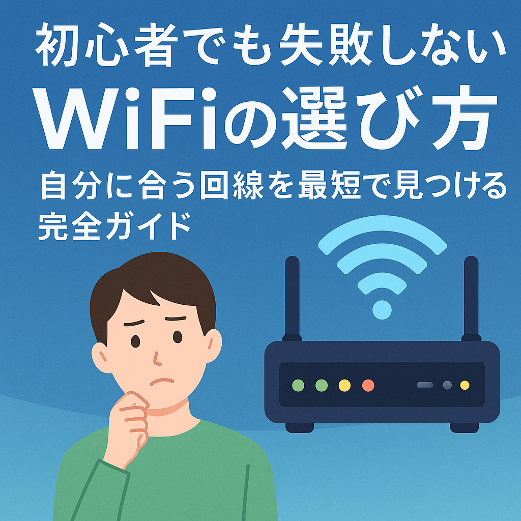初心者向けにWiFiの選び方を解説する日本語タイトル入りのデジタルイラスト。考え込む人物とWiFiルーターが描かれており、青系の背景で分かりやすい雰囲気になっている。
