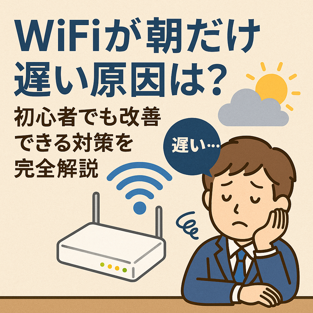 WiFiが朝だけ遅い原因を解説する日本語の図解イラスト。遅いと困っている男性とWiFiルーター、朝の天気アイコンを配置し、初心者向け改善策を示すデザイン。