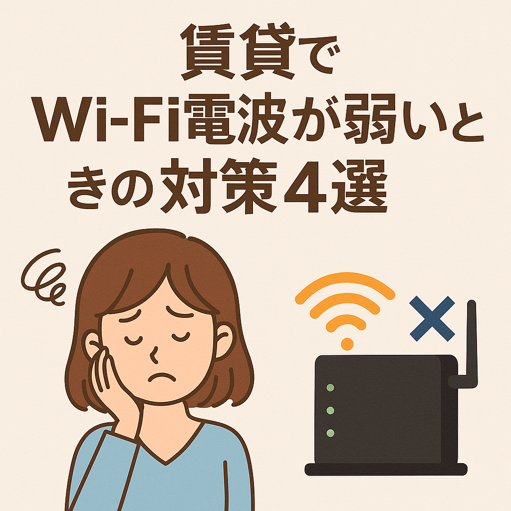 賃貸住宅でWiFiの電波が弱い原因と改善策を説明する図解イラスト。ルーター、壁、部屋配置、改善ポイントを示す日本語デザイン。