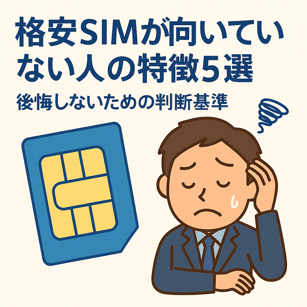 格安SIMが向いていない人の特徴をテーマにした日本語のイラスト。悩む男性とSIMカードのイラストが描かれ、タイトルとして『格安SIMが向いていない人の特徴5選』と表示されている。