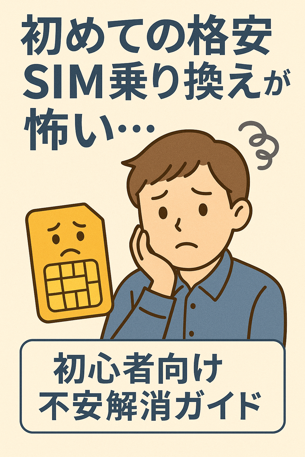 初めて格安SIMに乗り換えることが怖くて不安そうな表情の男性と、焦った顔のSIMカードキャラクターを描いたイラスト。初心者向けの不安解消ガイドを示す日本語タイトル入り。