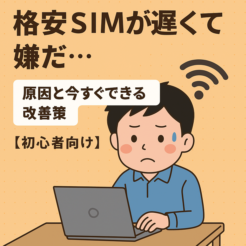 格安SIMが遅くて困っている初心者の男性が、ノートパソコンの前で悩んでいる様子を描いたイラスト。「格安SIMが遅くて嫌だ…原因と今すぐできる改善策【初心者向け】」